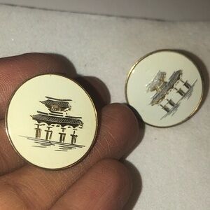 VTG Amita Japan White Enamel and Gold Plated Pagoda Screw Clip On Earrings 1”
